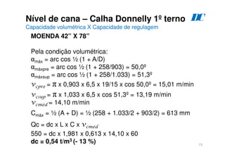 73
Nível de cana – Calha Donnelly 1º terno
Capacidade volumétrica X Capacidade de regulagem
D
C
MOENDA 42” X 78”
Pela condição volumétrica:
αmáx = arc cos ½ (1 + A/D)
αmáxpre = arc cos ½ (1 + 258/903) = 50,0º
αmáxsup = arc cos ½ (1 + 258/1.033) = 51,3º
vcpre = π x 0,903 x 6,5 x 19/15 x cos 50,0º = 15,01 m/min
vcsup = π x 1,033 x 6,5 x cos 51,3º = 13,19 m/min
vcméd = 14,10 m/min
Cmáx = ½ (A + D) = ½ (258 + 1.033/2 + 903/2) = 613 mm
Qc = dc x L x C x vcméd
550 = dc x 1,981 x 0,613 x 14,10 x 60
dc = 0,54 t/m3 (- 13 %)
 