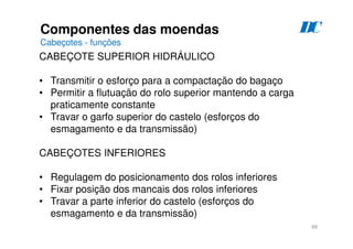 88
Componentes das moendas
Cabeçotes - funções
D
C
CABEÇOTE SUPERIOR HIDRÁULICO
• Transmitir o esforço para a compactação do bagaço
• Permitir a flutuação do rolo superior mantendo a carga
praticamente constante
• Travar o garfo superior do castelo (esforços do
esmagamento e da transmissão)
CABEÇOTES INFERIORES
• Regulagem do posicionamento dos rolos inferiores
• Fixar posição dos mancais dos rolos inferiores
• Travar a parte inferior do castelo (esforços do
esmagamento e da transmissão)
 