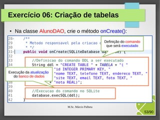 Exercício 06: Criação de tabelas
●

Na classe AlunoDAO, crie o método onCreate():
Definição do comando
que será executado

Execução da atualização
do banco de dados

M.Sc. Márcio Palheta

53/90

 