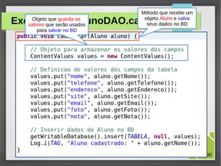 Método que recebe um
objeto Aluno e salva
seus dados no BD

Objeto que guarda os
Exercícioserão usados
valores que 08: AlunoDAO.cadastrar()
para salvar no BD

M.Sc. Márcio Palheta

58/90

 