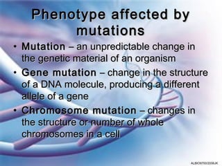 Phenotype affected by
        mutations
• Mutation – an unpredictable change in
  the genetic material of an organism
• Gene mutation – change in the structure
  of a DNA molecule, producing a different
  allele of a gene
• Chromosome mutation – changes in
  the structure or number of whole
  chromosomes in a cell

                                      ALBIO9700/2006JK
 