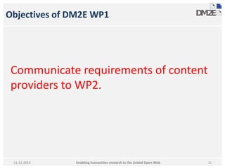 Objectives of DM2E WP1 
Communicate requirements of content 
providers to WP2. 
Enabling humanities research in 11.12.2014 the Linked Open Web 25 
 