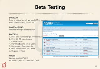 Beta Testing
SUMMARY
Prior to global launch we use OBT to increase
word of mouth and obtain VoC

CANADA LAUNCH
Initiated during Canada launch

PROCESS
1. Post on Forums (Target reviewers and power bloggers)
2. Find 30~50 beta testers
3. Create forum
4. Download game for all users
5. Developer’s Questions list
6. Beta testing time: 1~2 week
7. Request reviews

PRIZES
Winner obtains iPad 3
All testers get $10 iTunes Gift Card


                                                          11
 