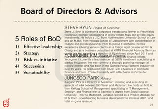 Board of Directors & Advisors
                       STEVE BYUN             Board of Directors
                       Steve J. Byun is currently a corporate transactional lawyer at Freshfields
                       Bruckhaus Deringer specializing in cross-border M&A and private equity

5 Roles of BoD         investments. He holds a J.D. from Northwestern University School of Law
                       and an M.B.A. from Kellogg School of Management with concentration in
                       finance and entrepreneurship. Prior to joining Freshfields, he has
1)   Effective leadership
                       experience advising various clients as a foreign legal counsel at Kim &
                       Chang and as a business consultant at KPMG Financial Advisory Services
2)   Strategy          group. He has served as a director of Pixel Ammo since April 2011 and
                          YOUNGMIN KIM
                       has been instrumental in theBoard of Directors finance efforts.
                                                     company's corporate
3)   Risk vs. initiative
                       Youngmin is currently a lead member at GEON Investment specializing in
                       startup incubation. He was formerly a strategic planning manager at
4)   Succession        Neowiz Internet and has been in the Gaming/Portal/Platform industry for
                       over 15 years. He graduated from KAIST with a Masters in Computer
5)   Sustainability    Science and from Yonsei University with a Bachelors in Computer
                       Science Engineering.
                       JUNGSOO PARK                 Advisor
                       Jungsoo Park is a Director at Madsmart, initiating and executing all
                       aspects of M&A between SK Planet and Madsmart. He holds an M.B.A.
                       from Kellogg School of Management specializing in IT Management,
                       Strategy, and Finance with a Bachelor’s degree from Seoul National
                       University. Prior to Madsmart, Jungsoo worked as a Project Manager for
                       NHN Corp., spearheading business development to increase ARPU and
                       total in-game revenue.
                                                                                            21
 
