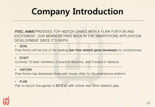 Company Introduction

PIXEL AMMO PROVIDES TOP-NOTCH GAMES WITH A FLAIR FOR FUN AND
EXCITEMENT. OUR MEMBERS HAVE BEEN IN THE SMARTPHONE APPLICATION
DEVELOPMENT SINCE IT'S BIRTH.
• GOAL
Pixel Ammo will be one of the leading real-time network game developers for smartphones

• STAFF
Currently 15 team members, 3 board of directors, and 3 board of advisors

• HISTORY
Pixel Ammo has developed three well-known titles for the smartphone platform

• PLAN
Plan to launch five games in 2013 all with online real-time network play.




                                                                                          03
 