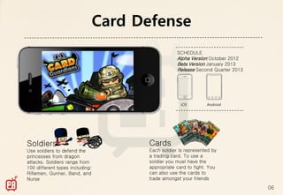 Card Defense
                                                   SCHEDULE
                                                   Alpha Version October 2012
                                                   Beta Version January 2013
                                                   Release Second Quarter 2013




Soldiers                               Cards
Use soldiers to defend the             Each soldier is represented by
princesses from dragon                 a trading card. To use a
attacks. Soldiers range from           soldier you must have the
100 different types including:         appropriate card to fight. You
Riflemen, Gunner, Band, and            can also use the cards to
Nurse                                  trade amongst your friends

                                                                                 06
 