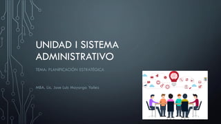 UNIDAD I SISTEMA
ADMINISTRATIVO
TEMA: PLANIFICACIÓN ESTRATÉGICA
MBA. Lic. Jose Luis Mayorga Yañez
 