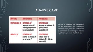 ANALISIS CAME
Lo que se pretende con esta matriz
no es determinar qué estrategia
sería la mejor, sino sólo contemplar
y comparar las estrategias viables
o, al menos, las más significativas.
 