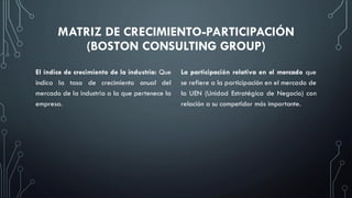 MATRIZ DE CRECIMIENTO-PARTICIPACIÓN
(BOSTON CONSULTING GROUP)
El índice de crecimiento de la industria: Que
indica la tasa de crecimiento anual del
mercado de la industria a la que pertenece la
empresa.
La participación relativa en el mercado que
se refiere a la participación en el mercado de
la UEN (Unidad Estratégica de Negocio) con
relación a su competidor más importante.
 