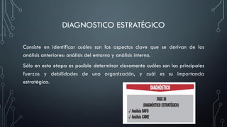 DIAGNOSTICO ESTRATÉGICO
Consiste en identificar cuáles son los aspectos clave que se derivan de los
análisis anteriores: análisis del entorno y análisis interno.
Sólo en esta etapa es posible determinar claramente cuáles son las principales
fuerzas y debilidades de una organización, y cuál es su importancia
estratégica.
 