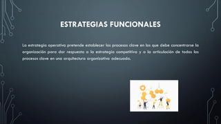 ESTRATEGIAS FUNCIONALES
La estrategia operativa pretende establecer los procesos clave en los que debe concentrarse la
organización para dar respuesta a la estrategia competitiva y a la articulación de todos los
procesos clave en una arquitectura organizativa adecuada.
 