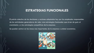 ESTRATEGIAS FUNCIONALES
El patrón colectivo de las decisiones y acciones adoptadas hoy por los empleados responsables
de las actividades generadoras de valor crea estrategias funcionales que sirven de guía al
crecimiento y a las estrategias competitivas de la empresa.
Se pueden centrar en las áreas mas importantes de la empresa o unidad económica.
 