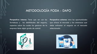 METODOLOGÍA FODA - DAFO
Perspectiva interna: Tiene que ver con las
fortalezas y las debilidades del negocio,
aspectos sobre los cuales los gestores de la
empresa tiene algún grado de control.
Perspectiva externa: mira las oportunidades
que ofrece el mercado y las amenazas que
debe enfrentar el negocio en el mercado
seleccionado.
 