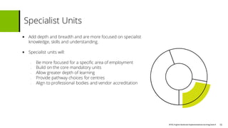 BTECHigher National Implementationtraining Deck4
• Add depth and breadth and are more focused on specialist
knowledge, skills and understanding.
• Specialist units will:
• Be more focused for a specific area of employment
• Build on the core mandatory units
• Allow greater depth of learning
• Provide pathway choices for centres
• Align to professional bodies and vendor accreditation
Specialist Units
10
 