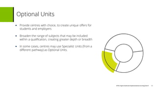 BTECHigher National Implementationtraining Deck4
• Provide centres with choice, to create unique offers for
students and employers
• Broaden the range of subjects that may be included
within a qualification, creating greater depth or breadth
• In some cases, centres may use Specialist Units (from a
different pathway) as Optional Units.
Optional Units
11
 