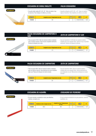 www.stanleyworks.es 91
Longitud en mm / Comprimento em mm f
1-46-169 250 - 2 3253561461699 38,48
Escuadra doble inglete 90°, 60°, 45°. Talón de madera, hoja--
de aluminio. Para trabajos en talleres y en obras.
Escuadra de Doble Inglete
Longitud en mm / Comprimento em mm f
0-46-825 210 X 6 3253560468255 8,71
Falsa escuadra H1225. Talón de material sintético moldeado--
para un óptima sujeción. Hoja de acero niquelado deslizante.
Sistema de bloqueo de la hoja.
Falsa Escuadra de Carpintero H
1225
Longitud en mm / Comprimento em mm f
0-46-535 267 X 2 3253560465353 18,71
Falsa escuadra 5025. Talón de material sintético moldeado--
para una óptima sujeción. Hoja deslizante de acero templado
color azul. Palanca de bloqueo de metal cromado.
Falsa Escuadra de Carpintero
Anchura en mm / Largura em mm
Longitud en mm / Comprimento
em mm
f
1-46-236 300,0 600 - 1 3253561462368 14,87
De acero estirado, esmaltado en color, para albañiles,--
canteros, cerrajeros, etc.
Escuadra de Albañil
Esquadro p/ângulos de 90°, 60°, e 45°. Cepo em madeira,--
régua em alumínio. Para trabalhos em oficina e em obras
Falsa Esquadria
Suta de Carpinteiro H 1225.Cabo em material sintético--
moldado para uma sujeição ótima. Lâmina em aço niquelado
deslizante. Sistema de bloqueio da lâmina.
Suta de Carpinteiro H 1225
Suta de Carpinteiro 5025. Cabo em material sintético--
moldado para uma sujeição ótima. Lâmina deslizante em
aço temperado cor azul. Mecanismo de bloqueio em metal
cromado.
Suta de Carpinteiro
Em aço estirado esmaltado de cor para pedreiros, canteiros,--
serralheiro, etc.
Esquadro de Pedreiro
 