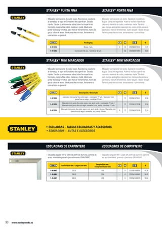 www.stanleyworks.es90
Packaging f
0-47-316 Blister 2 uds. X 24 3253560473167 1,37
1-47-346 Contenedor 50 uds. / Contêiner 50 uds. - 50 3253560473463 0,63
Marcador permanente de color negro. Resistencia excelente--
al borrado y al agua en la mayoría de superfícies. Secado
rápido. Escribe prácticamente sobre todas las superfícies:
hormigón, material de cobre, madera y metal. Ideal para
pintar tuercas y tornillos, para marcar herramientas, tubos de
gas o tubos de acero. Ideal para electricistas, fontaneros o
contratistas en general.
Stanley®
punta fina
Descripción / Descrição f
1-47-324
Marcador mini punta fina color negro - contenedor 72 uds / Marcador mini
ponta fina cor negro - contêiner 72 uds
- 72 3253561473241 0,59
1-47-329
Marcador mini punta fina color negro, rojo, azul, verde - contenedor 72 uds /
Marcador mini ponta fina cor negro, vermelho, azul, verde - contêiner 72 uds
- 72 3253561473296 0,59
2-47-329
Marcador mini punta fina color negro, rojo, azul, verde - blister / Marcador mini
ponta fina cor negro, vermelho, azul, verde - blister
X 12 3253562473295 2,24
Marcador permanente de color negro. Resistencia excelente--
al borrado y al agua en la mayoría de superfícies. Secado
rápido. Escribe practicamente sobre todas las superfícies:
hormigón, material de cobre, madera y metal. Ideal para
pintar tuercas y tornillos, para marcar herramientas, tubos de
gas o tubos de acero. Ideal para electricistas, fontaneros o
contratistas en general.
Stanley®
mini marcador
Escuadras – Falsas Escuadras y Accesorios•	
Anchura en mm / Largura em mm
Longitud en mm /
Comprimento em mm
f
1-45-685 250,0 140 - 6 3253561456855 15,36
1-45-686 300,0 200 - 6 3253561456862 16,93
1-45-687 400,0 200 - 6 3253561456879 18,84
Escuadra angular (45°). Talón de perfil de aluminio. Lámina de--
acero inoxidable grabada (procedimiento GRAVEMAT)
Escuadras de Carpintero
Marcador permanente cor preto. Excelente resistência--
à água. Seca em segundos. Adere a muitas superfícies:
concreto, material de cobre, madeira e metal. Perfeito
para muitas aplicações especiais tais como pintar porcas e
parafusos, marcar ferramentas, tubos de gás o tubos de aço.
Perfeito para electricistas, encanadores e contratistas.
Stanley®
ponta fina
Marcador permanente cor preto. Excelente resistência--
à água. Seca em segundos. Adere a muitas superfícies:
concreto, material de cobre, madeira e metal. Perfeito
para muitas aplicações especiais tais como pintar porcas e
parafusos, marcar ferramentas, tubos de gás o tubos de aço.
Perfeito para electricistas, encanadores e contratistas.
Stanley®
mini marcador
Esquadros – Sutas e Acessórios•	
Esquadria angular (45°). Cepo em perfil de alumínio. Lâmina--
em aço inoxidável, gravada c/processo GRAVEMAT.
Esquadros de Carpinteiro
 