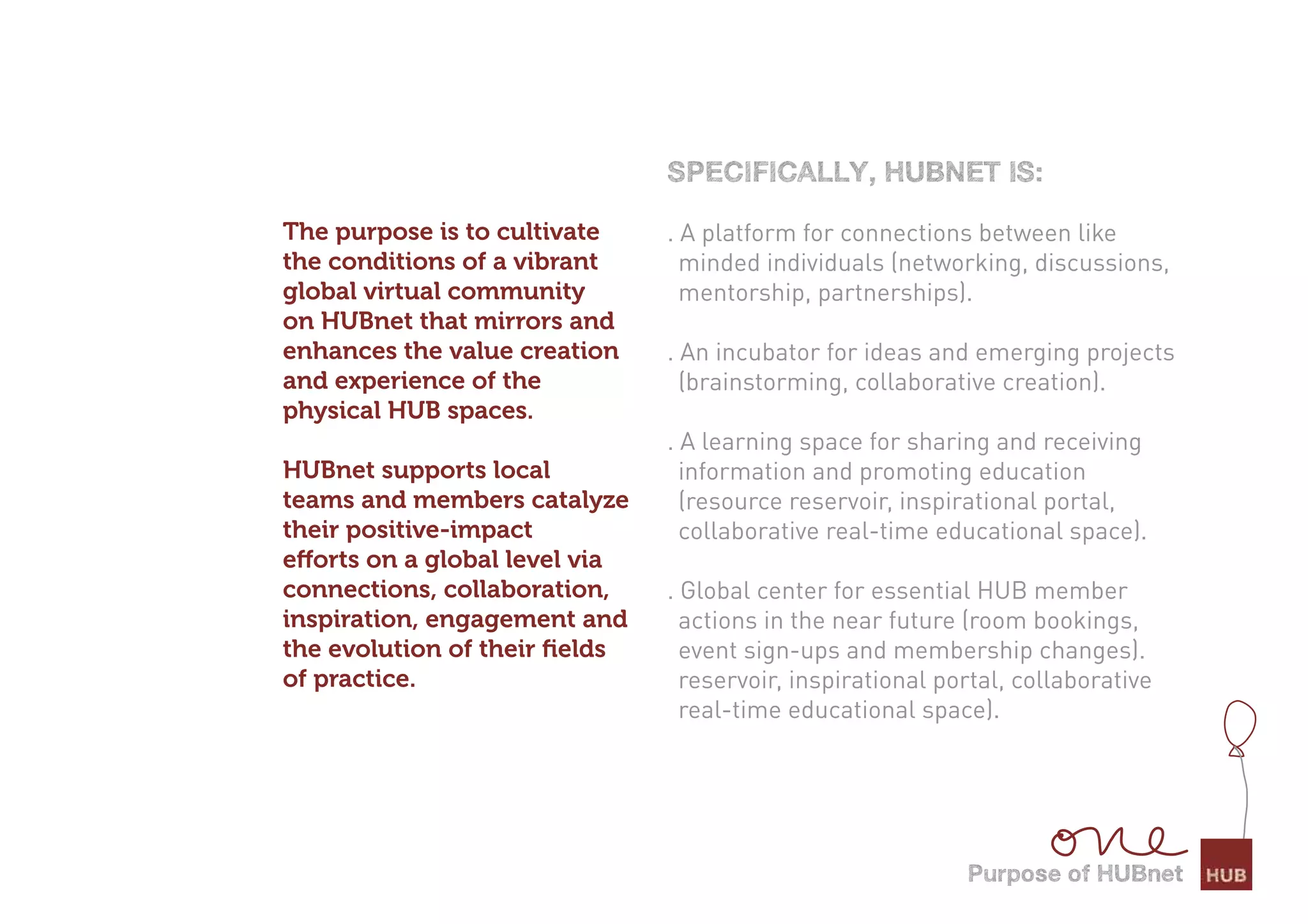 sPecifically, HUBnet is:

The purpose is to cultivate     . A platform for connections between like
the conditions of a vibrant       minded individuals (networking, discussions,
global virtual community          mentorship, partnerships).
on HUBnet that mirrors and
enhances the value creation     . An incubator for ideas and emerging projects
and experience of the             (brainstorming, collaborative creation).
physical HUB spaces.
                                . A learning space for sharing and receiving
HUBnet supports local             information and promoting education
teams and members catalyze        (resource reservoir, inspirational portal,
their positive-impact             collaborative real-time educational space).
efforts on a global level via
connections, collaboration,     . Global center for essential HUB member
inspiration, engagement and       actions in the near future (room bookings,
the evolution of their ﬁelds      event sign-ups and membership changes).
of practice.                      reservoir, inspirational portal, collaborative
                                  real-time educational space).




                                                             Purpose of HUBnet
 