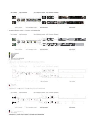 Phase 1 | Relocation       Phase 3 | Disconnection                      Phase 5 | Relocation / Re-connection   Phase 7 | Re-connection / Submergence



         1                                                                                             9              10        11                          16




                        3             4             5         6          7               8




         2                                                                                             12             13        14         15               17




                  Phase 2 | Re-orientation         Phase 4 | Submergence (1st phase)             Phase 6 | Re-orientation                                        Phase 4 | Exposure


Basis sequentie: fasering en elementen in de transitie van metro naar straatniveau



     Phase 1 | Relocation       Phase 3 | Disconnection                      Phase 5 | Relocation / Re-connection   Phase 7 | Re-connection / Submergence



         1                                                                                             9              10        11                          16




                        3             4             5         6          7               8




         2                                                                                             12             13        14         15               17




                  Phase 2 | Re-orientation         Phase 4 | Submergence (1st phase)             Phase 6 | Re-orientation                                        Phase 4 | Exposure




      Construction screens
      Signification
      Platforms
      Systems
      Roofs
      Transparant screens / Background
      Constructed boundaries

Analyse sequentie 1: visuele elementen en signalen in de transitie van metro naar straatniveau



     Phase 1 | Relocation       Phase 3 | Disconnection                      Phase 5 | Relocation / Re-connection   Phase 7 | Re-connection / Submergence



         1                                                                                             9              10        11                          16




                        3             4             5         6          7               8




         2                                                                                             12             13        14         15               17




                  Phase 2 | Re-orientation         Phase 4 | Submergence (1st phase)             Phase 6 | Re-orientation                                        Phase 4 | Exposure



      Guiding lights
      Path | Direction

Analyse sequentie 2: richting in relatie tot verlichting in de transitie van metro naar straatniveau



     Phase 1 | Relocation       Phase 3 | Disconnection                      Phase 5 | Relocation / Re-connection   Phase 7 | Re-connection / Submergence



         1                                                                                             9              10        11                          16




                        3             4             5         6          7               8




         2                                                                                             12             13        14         15               17




                  Phase 2 | Re-orientation         Phase 4 | Submergence (1st phase)             Phase 6 | Re-orientation                                        Phase 4 | Exposure



      Hole | Connection to next phase
      Path | Direction

Analyse sequentie 3: richting in relatie tot uitgang in de transitie van metro naar straatniveau
 