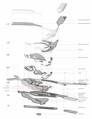 East bound elevated platform


                 North bound elevated platform
      +15




      +10
                 Elevated station mezzanine




                 Workspaces




      +05
                 Public garden and terrace




      +03        Public workspaces



                 Bar area




                 Dressing rooms ans showers
                 Fitness room
      +00        Lockers and storage
                 Dressing rooms and showers

     Floorplan

Physical model
                 Restaurant area

   Section AA

                 Subway mezzanine
                 Public library
        -05      Cold pool area
                 Sauna and whirlpool area

                 Main swimming pool
                 Hot pool area



        -10
                 Subway platforms




                 Seminar room
 