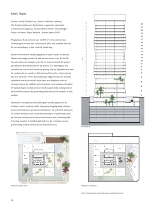 Kim’s Tower

Locatie: Seoul, Zuid-Korea / Context: Definitief ontwerp,
Het ArchitectenConsort, Rotterdam, in opdracht van Garak
Construction Company / Hoofdarchitect: Peter Couwenbergh /
Project architect: Edgar Bosman / Datum: Maart 2007


Programma: Kantoortoren van 62.000 m^2. De onderste zes
verdiepingen vormen een commerciële plint met publieke functies.
De toren is gelegen in een stedelijk landschap.


Kim’s tower vormde het belangrijkste project en mijn hoofdtaak
tijdens mijn stage periode. Ik heb hieraan zowel in de VO als DO
fase als ontwerper meegewerkt. Op het moment wordt dit project
gerealiseerd. Kenmerkend voor dit project was het omgaan met
complexe en zeer strikte bouwregelgeving, die erg bepalend was voor
de configuratie en opzet van het gebouw. Binnen het ontwerpteam
van drie personen (Peter Couwenbergh, Edgar Bosman en mijzelf)
speelde ik een actieve rol en mijn input was bepalend voor de
vormgeving van de publieke buitenruimten en de commerciële plint.
De kantoorlagen van het gebouw met hun generieke plattegrond en
het hoofdconcept van de golvende gevels was op dat moment al vast
omlijnt.


Deelname aan dit project heeft een goed inzicht gegeven in de
realiteit van het bouwen en het omgaan met regelgeving, cliënten,
projectontwikkelaars, productontwikkelaars en technisch adviseurs.
De actieve deelname aan projectbesprekingen, vergaderingen met
de cliënt en overleg met technische adviseurs was een belangrijke
ervaring, waarvan ik veel heb geleerd over de realisatie van een
grootschalig project binnen een architectenbureau.
                                                                      Doorsnede AA’




Plattegrond begane grond                                              Plattegrond verdieping -1



                                                                      Rechts: Artistimpression van het gebouw en publieke buitenruimte



38
 