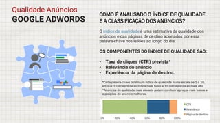 GOOGLE ADWORDS
Qualidade Anúncios
COMO É ANALISADO O ÍNDICE DE QUALIDADE
E A CLASSIFICAÇÃO DOS ANÚNCIOS?
OS COMPONENTES DO ÍNDICE DE QUALIDADE SÃO:
• Taxa de cliques (CTR) prevista*
• Relevância do anúncio
• Experiência da página de destino.
*Cada palavra-chave obtém um índice de qualidade numa escala de 1 a 10,
em que 1 corresponde ao índice mais baixo e 10 corresponde ao mais alto.
*Anúncios de qualidade mais elevada podem conduzir a preços mais baixos e
a posições de anúncio melhores.
O índice de qualidade é uma estimativa da qualidade dos
anúncios e das páginas de destino acionados por essa
palavra-chave nos leilões ao longo do dia.
 