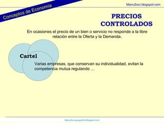 ManuSoci- geografía.Blogspot.com Conceptos de Economía ManuSoci.blogspot.com Cartel Varias empresas, que conservan su individualidad, evitan la competencia mutua regulando … PRECIOS CONTROLADOS En ocasiones el precio de un bien o servicio no responde a la libre relación entre la Oferta y la Demanda. 