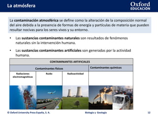 La atmósfera
© Oxford University Press España, S. A. Biología y Geología 12
La contaminación atmosférica se define como la alteración de la composición normal
del aire debida a la presencia de formas de energía y partículas de materia que pueden
resultar nocivas para los seres vivos y su entorno.
• Las sustancias contaminantes artificiales son generadas por la actividad
humana.
• Las sustancias contaminantes naturales son resultados de fenómenos
naturales sin la intervención humana.
Contaminantes químicos
Radiaciones
electromagnéticas
Ruido Radioactividad
CONTAMINANTES ARTIFICIALES
Contaminantes físicos
 
