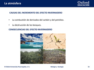 La atmósfera
CAUSAS DEL INCREMENTO DEL EFECTO INVERNADERO
© Oxford University Press España, S. A. Biología y Geología 16
• La combustión de derivados del carbón y del petróleo.
• La destrucción de los bosques.
CONSECUENCIAS DEL EFECTO INVERNADERO
 