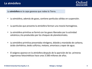 La atmósfera
© Oxford University Press España, S. A. Biología y Geología 4
La atmósfera es la capa gaseosa que rodea la Tierra.
• La partículas que presenta la atmósfera forman una mezcla homogénea.
• La atmósfera, además de gases, contiene partículas sólidas en suspensión.
• La atmósfera primitiva se formó con los gases liberados por la actividad
volcánica y los producidos por los choques de planetesimales.
• La atmósfera primitiva presentaba nitrógeno, dióxido y monóxido de carbono,
ácido clorhídrico, óxido sulfúrico, metano, amoniaco y vapor de agua.
• El oxígeno aparece en la atmósfera después de la aparición de los primeros
organismos fotosintéticos hace unos 3.500 millones de años.
 