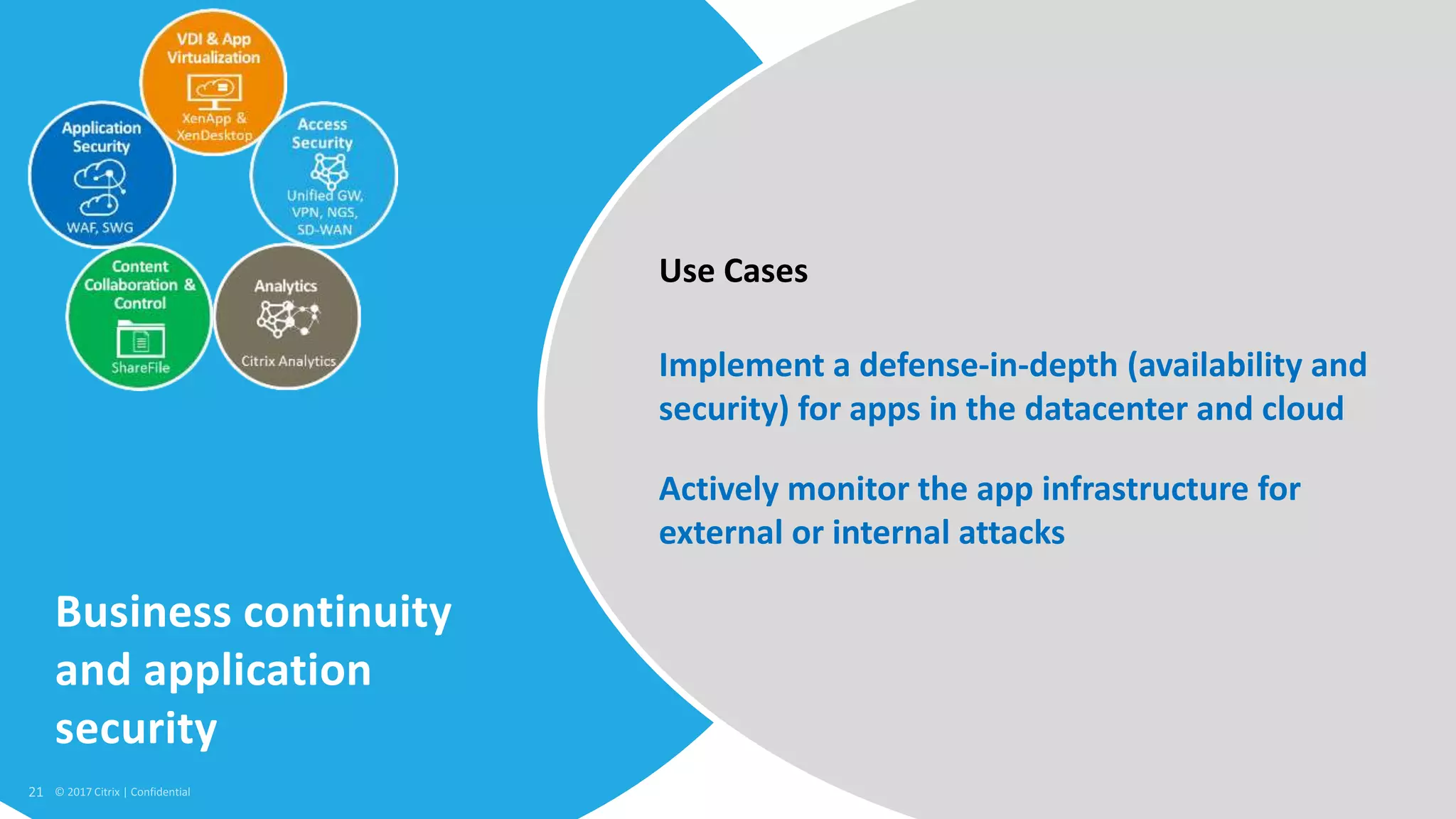 21 © 2017 Citrix
Business continuity
and application
security
Implement a defense-in-depth (availability and
security) for apps in the datacenter and cloud
Actively monitor the app infrastructure for
external or internal attacks
Use Cases
 