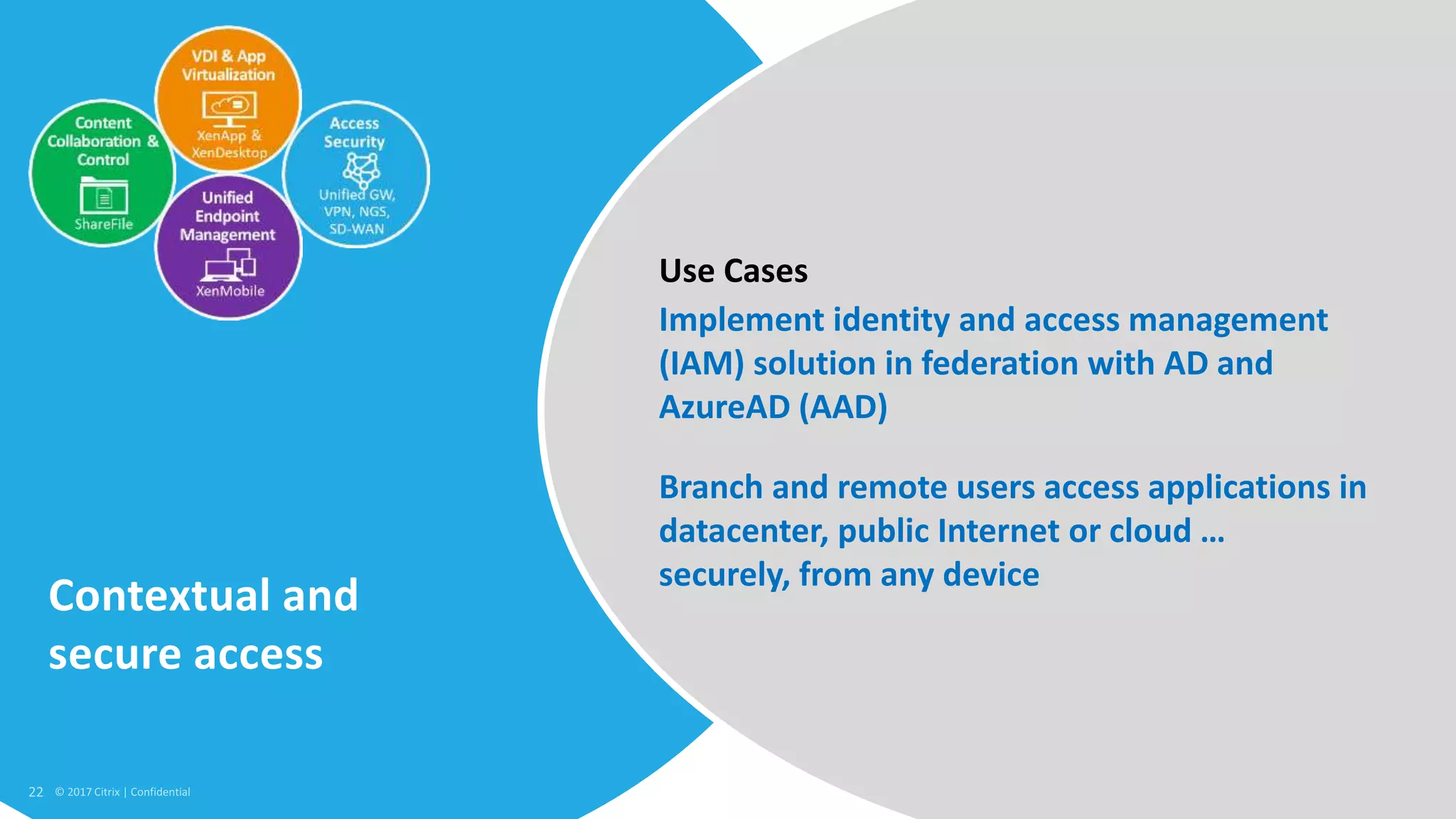 22 © 2017 Citrix
Contextual and
secure access
Implement identity and access management
(IAM) solution in federation with AD and
AzureAD (AAD)
Branch and remote users access applications in
datacenter, public Internet or cloud …
securely, from any device
Use Cases
 