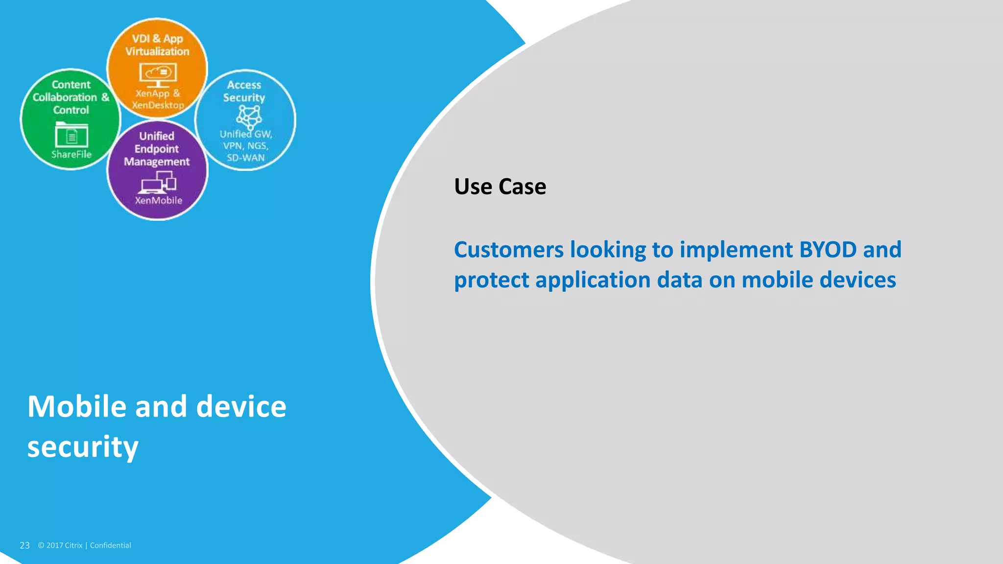 23 © 2017 Citrix
Mobile and device
security
Customers looking to implement BYOD and
protect application data on mobile devices
Use Case
 