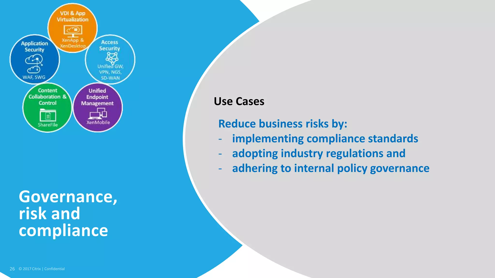 26 © 2017 Citrix
Governance,
risk and
compliance
Reduce business risks by:
- implementing compliance standards
- adopting industry regulations and
- adhering to internal policy governance
Use Cases
 