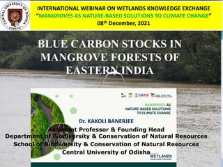 BLUE CARBON STOCKS IN
MANGROVE FORESTS OF
EASTERN INDIA
INTERNATIONAL WEBINAR ON WETLANDS KNOWLEDGE EXCHANGE
“MANGROVES AS NATURE-BASED SOLUTIONS TO CLIMATE CHANGE”
08th December, 2021
Dr. KAKOLI BANERJEE
Assistant Professor & Founding Head
Department of Biodiversity & Conservation of Natural Resources
School of Biodiversity & Conservation of Natural Resources
Central University of Odisha
 