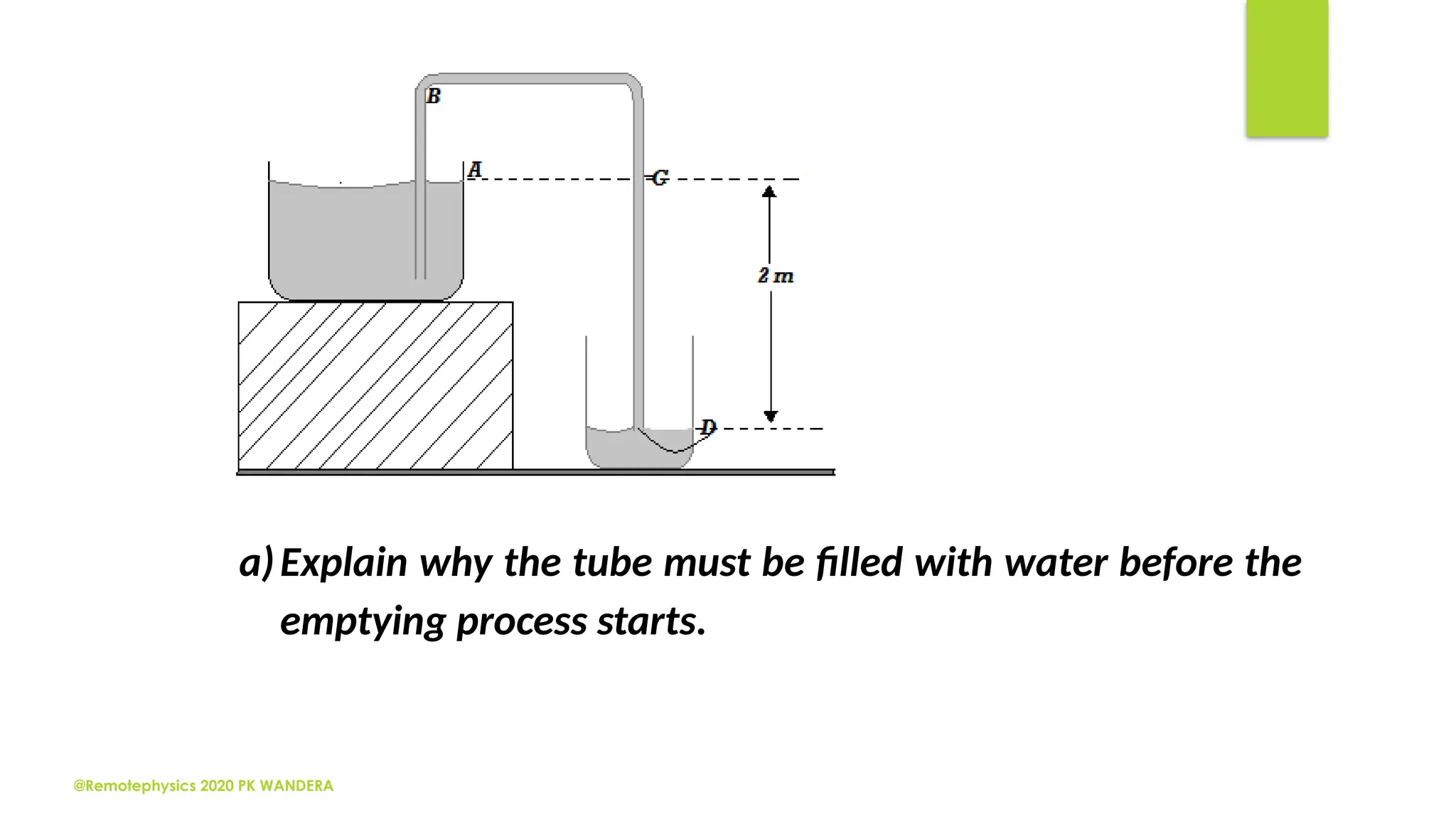 @Remotephysics 2020 PK WANDERA
a)Explain why the tube must be filled with water before the
emptying process starts.
 