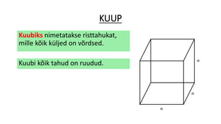KUUP
Kuubiks nimetatakse risttahukat,
mille kõik küljed on võrdsed.
Kuubi kõik tahud on ruudud.
 