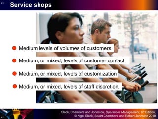 Slack, Chambers and Johnston, Operations Management, 6th Edition,
© Nigel Slack, Stuart Chambers, and Robert Johnston 20104.13
4.13
Medium levels of volumes of customers
Medium, or mixed, levels of customer contact
Medium, or mixed, levels of customization
Medium, or mixed, levels of staff discretion.
Service shops
 