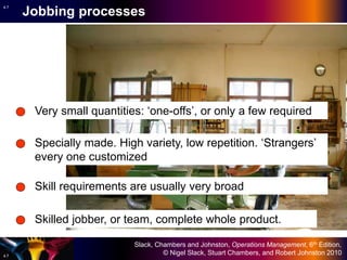 Slack, Chambers and Johnston, Operations Management, 6th Edition,
© Nigel Slack, Stuart Chambers, and Robert Johnston 20104.7
4.7
Very small quantities: ‘one-offs’, or only a few required
Specially made. High variety, low repetition. ‘Strangers’
every one customized
Skill requirements are usually very broad
Skilled jobber, or team, complete whole product.
Jobbing processes
 