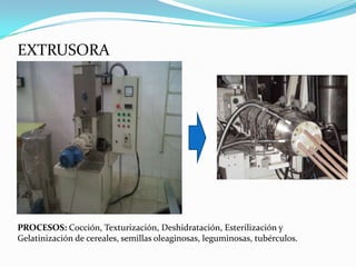 PROCESOS: Cocción, Texturización, Deshidratación, Esterilización y
Gelatinización de cereales, semillas oleaginosas, leguminosas, tubérculos.
EXTRUSORA
 