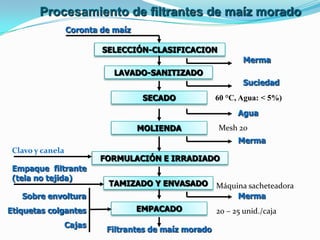 Procesamiento de filtrantes de maíz morado
LAVADO-SANITIZADO
SECADO
MOLIENDA
FORMULACIÓN E IRRADIADO
TAMIZADO Y ENVASADO
SELECCIÓN-CLASIFICACION
Coronta de maíz
Filtrantes de maíz morado
EMPACADO
Merma
Empaque filtrante
(tela no tejida)
Merma
Merma
60 °C, Agua: < 5%)
Agua
Suciedad
Sobre envoltura
Etiquetas colgantes
Cajas
Clavo y canela
Mesh 20
Máquina sacheteadora
20 – 25 unid./caja
 