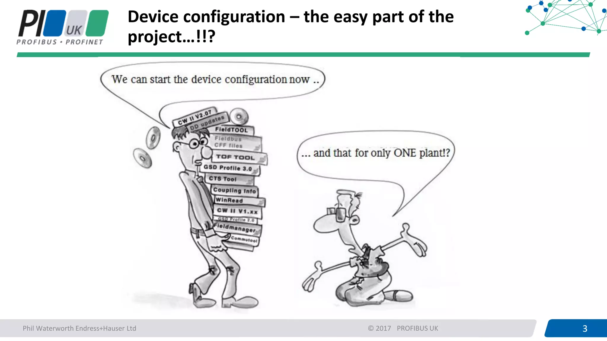 3PROFIBUS UK 3Phil Waterworth Endress+Hauser Ltd
Device configuration – the easy part of the
project…!!?
© 2017
 