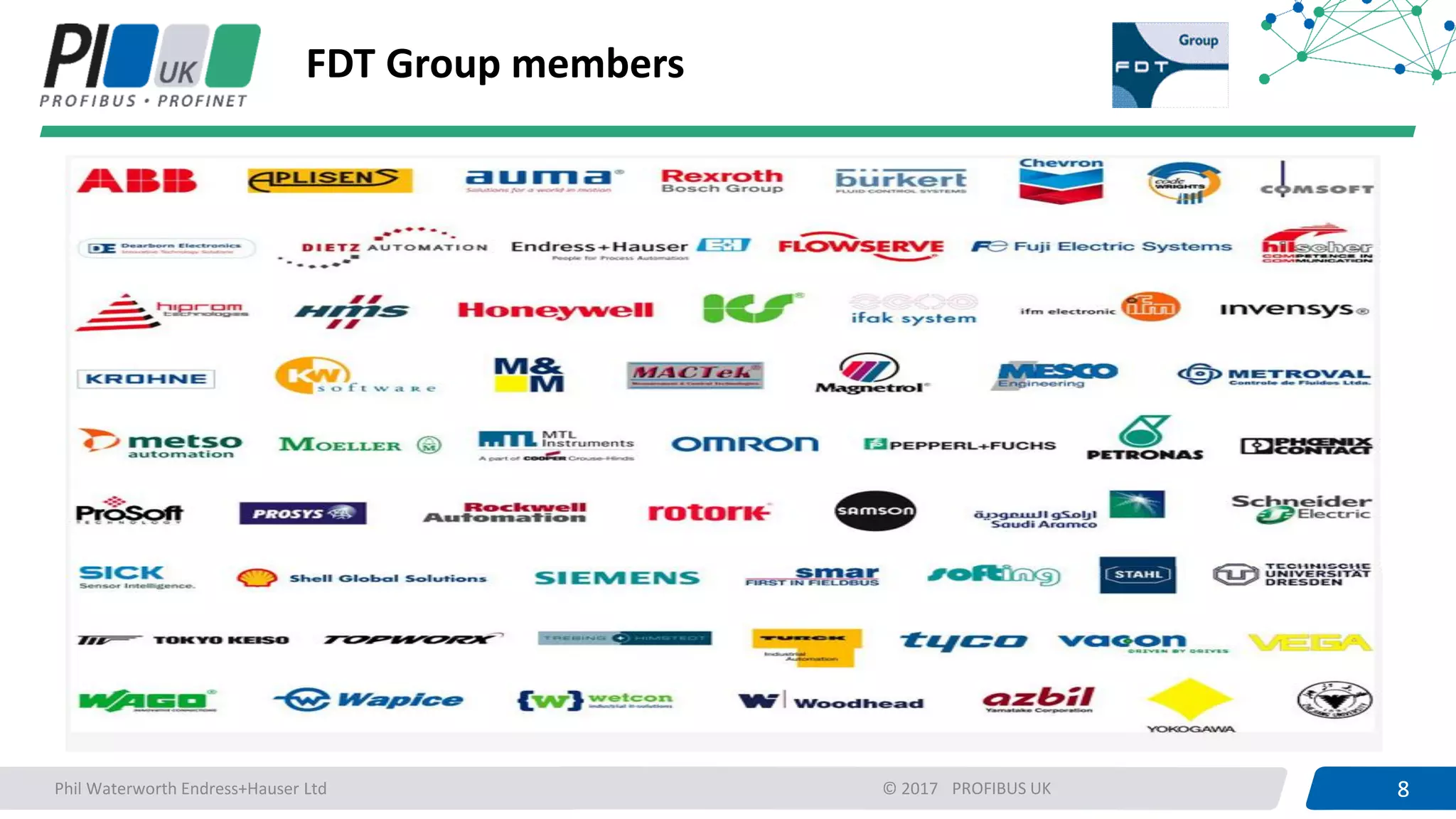 8PROFIBUS UK 8© 2017
FDT Group members
Phil Waterworth Endress+Hauser Ltd
 