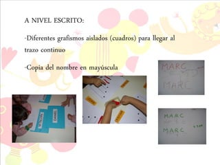 A NIVEL ESCRITO:
-Diferentes grafismos aislados (cuadros) para llegar al
trazo continuo
-Copia del nombre en mayúscula
 