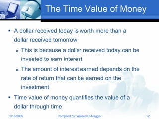 The Time Value of Money

 A dollar received today is worth more than a
   dollar received tomorrow
       This is because a dollar received today can be
        invested to earn interest
       The amount of interest earned depends on the
        rate of return that can be earned on the
        investment
 Time value of money quantifies the value of a
   dollar through time
5/16/2009             Compiled by: Waleed El-Naggar      12
 