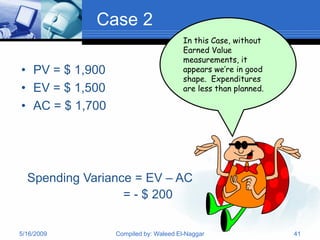 Case 2
                                       In this Case, without
                                       Earned Value
                                       measurements, it
• PV = $ 1,900                         appears we’re in good
                                       shape. Expenditures
• EV = $ 1,500                         are less than planned.

• AC = $ 1,700




  Spending Variance = EV – AC
                  = - $ 200


5/16/2009        Compiled by: Waleed El-Naggar                  41
 