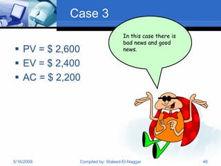 Case 3
                                 In this case there is
                                 bad news and good
 PV = $ 2,600                   news.

 EV = $ 2,400
 AC = $ 2,200




5/16/2009    Compiled by: Waleed El-Naggar               46
 