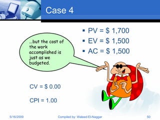 Case 4

                                          PV = $ 1,700
            ...but the cost of            EV = $ 1,500
            the work
            accomplished is               AC = $ 1,500
            just as we
            budgeted.




            CV = $ 0.00

            CPI = 1.00

5/16/2009                 Compiled by: Waleed El-Naggar   50
 