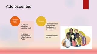 Adolescentes
16,42% da
população
brasileira total
15,01% da
população do
Estado de São
Paulo
Estimativa
IBGE,
2016
Transformações
anatômicas,
fisiológicas e
psicossociais
Vulnerabilidade
social
Contexto
 