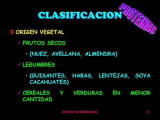 CLASIFICACION
 ORIGEN VEGETAL

   FRUTOS SECOS

    • (NUEZ, AVELLANA, ALMENDRA)

   LEGUMBRES

    • (GUISANTES, HABAS, LENTEJAS, SOYA
      CACAHUATES)

   CEREALES    Y    VERDURAS       EN   MENOR
    CANTIDAD

                APOYO NUTRICIONAL            11
 